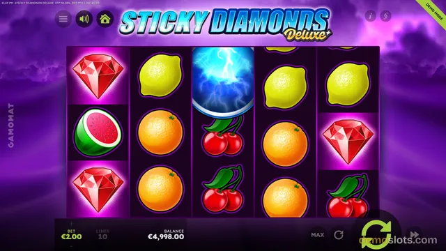 A settled 5x3 slot grid titled STICKY DIAMONDS Deluxe+ shows classic fruit symbols and a diamond, with a purple background and game controls visible.