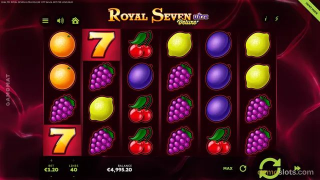 A 6-reel, 3-row slot game grid filled with fruit symbols, with the game title Royal Seven Ultra Deluxe at the top and bet and balance info at the bottom.