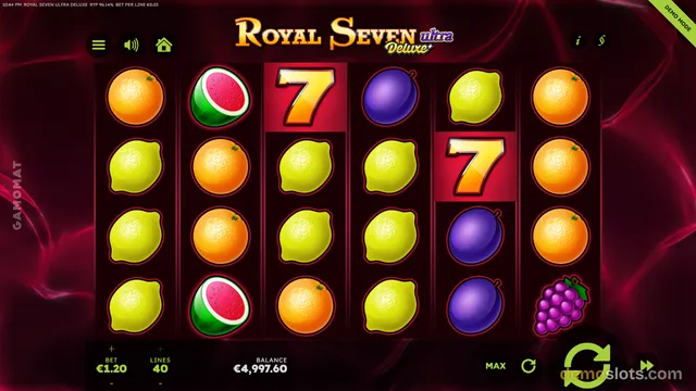 A settled 6-reel slot grid titled Royal Seven Ultra Deluxe shows fruit symbols including lemons, oranges, watermelons, plums, grapes, and golden sevens.