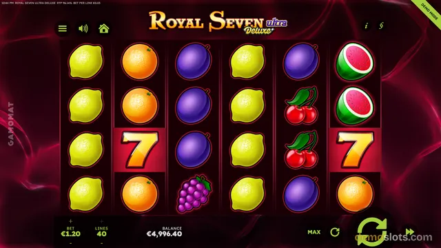 A settled 6-reel slot grid showing fruit symbols, with the game title Royal Seven Ultra Deluxe displayed at the top.