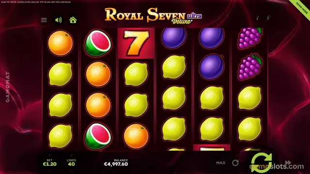 A fully rendered base game of Royal Seven Ultra Deluxe showing a 6x4 grid of fruit symbols including lemons, oranges, grapes, plums, watermelons, and a red seven.