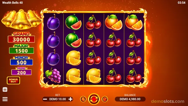 A slot game screen showing a 5 by 4 grid of fruit symbols, including plums, watermelons, cherries, oranges, and lemons, surrounded by a golden frame and set against a fiery orange background.