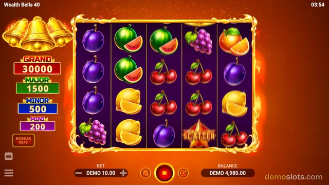 A 5x4 slot game grid shows a settled combination of fruit symbols on a dark purple background with a golden frame and an orange-red backdrop.