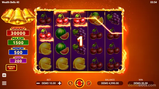 A slot machine screen showing a 5x4 grid of fruit symbols with a win highlighted by a glowing golden line and a '1' multiplier badge.