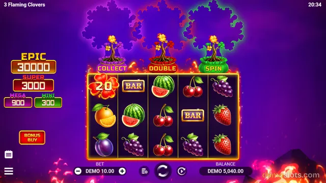 A slot game titled 3 Flaming Clovers shows a 5x3 reel grid with fruit symbols, three clover trees above the reels, and jackpot values on the left.