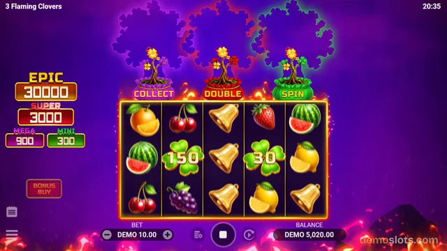 A slot game titled 3 Flaming Clovers shows a 5x3 reel grid with fruit symbols, three flaming clover trees above the grid, and a purple fiery background.