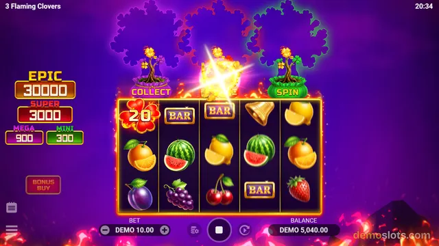 A 5x3 slot game titled 3 Flaming Clovers shows a purple reel grid with fruit and BAR symbols, a glowing golden clover in the center, and jackpot values on the left.