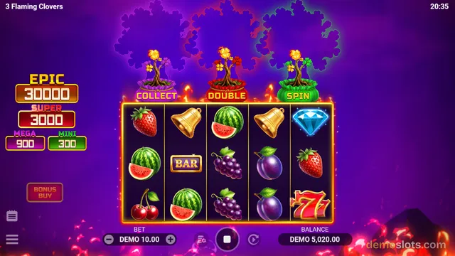 A 5x4 slot grid with fruit symbols, three flaming clover trees above labeled COLLECT, DOUBLE, and SPIN, and a purple background with flames.