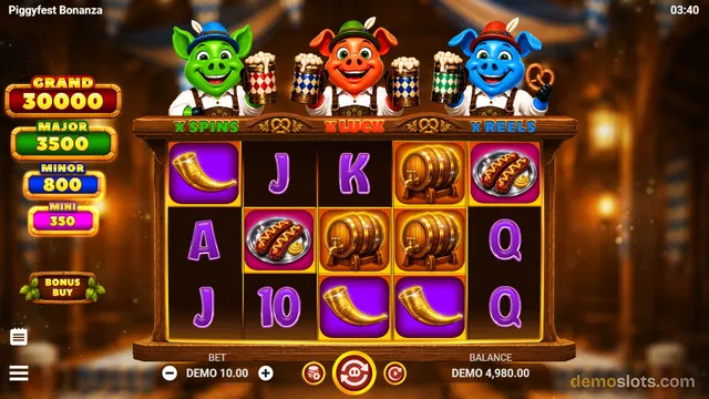 A brightly rendered slot game screen titled Piggyfest Bonanza showing three cartoon pigs above a 5x3 grid of symbols including beer barrels, pretzels, and playing card letters.