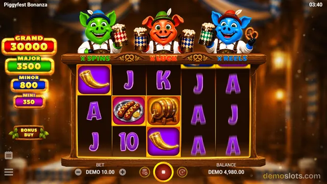 A screenshot of the Piggyfest Bonanza slot game in demo mode, showing a 3-row by 5-column grid with partially revealed reels and three cartoon pigs holding beer mugs above the grid.