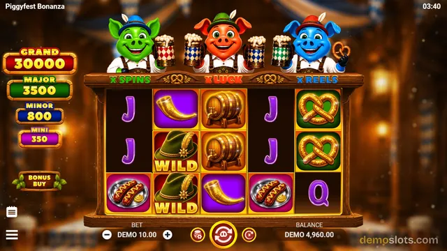 A slot machine screen for Piggyfest Bonanza displays a 5x3 grid of symbols with three cartoon pigs in hats positioned above the reels.