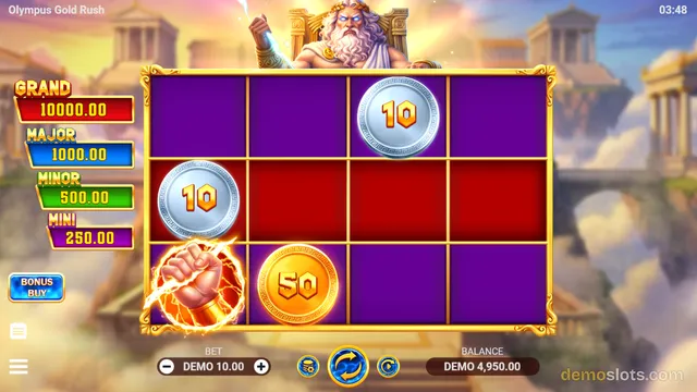 A slot game grid shows four jackpot labels on the left and a 4x4 reel area with three coin symbols and a fist symbol.