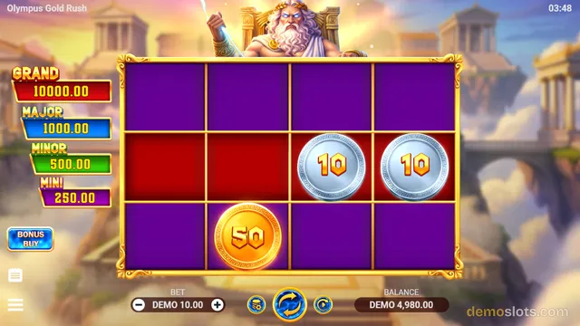 A 5x3 slot grid showing three coin symbols on a dark purple background, with jackpot labels on the left and a Zeus figure above the reels.
