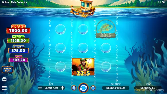 A slot game screen showing an underwater scene with a grid of bubbles and two winning symbols, a fish in a barrel and a fisherman, each displaying a win value of 22.5.