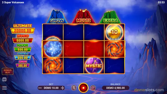 A 4x3 slot game grid shows various symbols including a '10' coin, a blue orb, a red gem, orange fire swirls, and a 'MYSTIC' orb, set against a volcanic landscape.