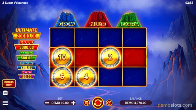 Screenshot of a slot game titled 3 Super Volcanoes showing a 4x4 grid with gold coin symbols and volcano icons above the reels, with a jackpot ladder on the left side.