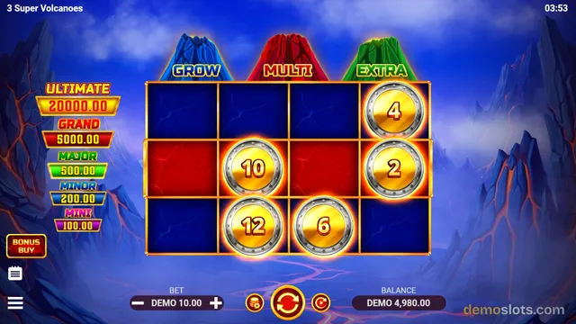 A 3x4 slot game grid with five golden coin symbols showing numbers, set against a background of erupting volcanoes.