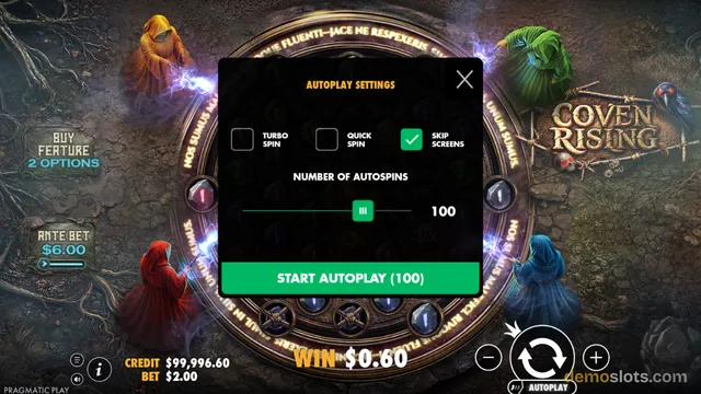 The slot game shows an autoplay settings popup overlaid on the main game screen, with a dark background featuring a large circular wheel and hooded figures in red, green, and blue robes casting spells.