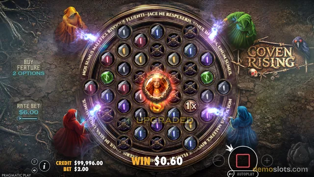 A circular grid slot game called Coven Rising is shown with a win of $0.60, featuring hooded witches around a ring of gem symbols.