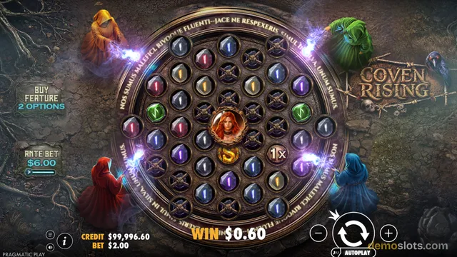 A circular slot grid with glowing gem symbols and a witch in the center, surrounded by four hooded figures casting magic, with the game title Coven Rising displayed on the right.
