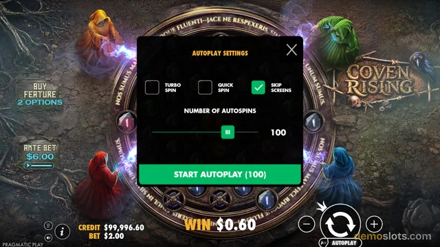 A slot game titled Coven Rising shows a large autoplay settings popup in the center of the screen, with the reels obscured behind it.