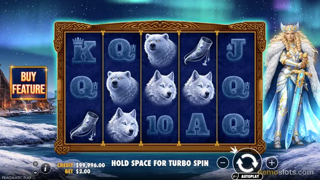 A slot game with a 5x3 grid of icy symbols, a warrior woman with a sword on the right, and a Buy Feature button on the left.