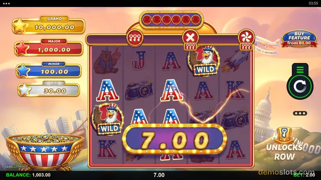 A 5x3 slot game grid with American-themed symbols and a win of 7.00 shown in a central banner.