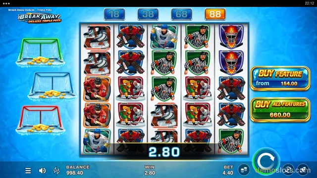 A hockey-themed slot game shows a 5x5 grid of hockey player symbols with a win of 2.80 displayed below.