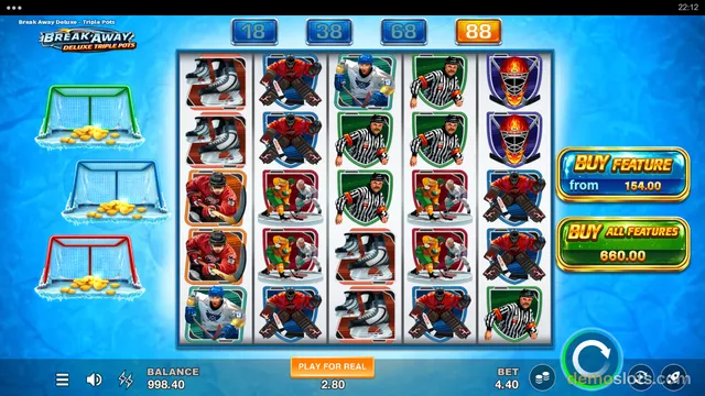A fully rendered hockey-themed slot game shows a 5x5 grid of hockey symbols, with three goal nets on the left and buy-feature buttons on the right.