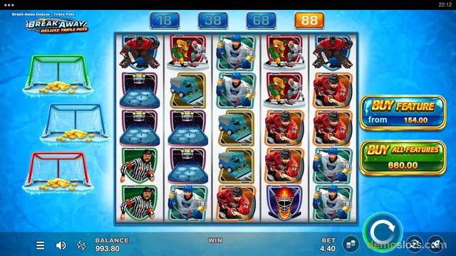 A 5x5 slot game grid filled with hockey-themed symbols, with three hockey nets on the left, buy feature buttons on the right, and a balance of 993.80.