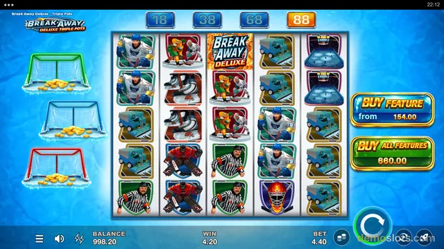 A hockey-themed slot game titled Break Away Deluxe - Triple Pots shows a 5x5 grid of symbols with a balance of 998.20, a win of 4.20, and a bet of 4.40.