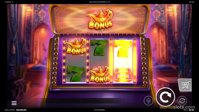 A slot game screen shows a 3x2 grid of symbols on a treasure chest with a magic lamp bonus icon at the top.