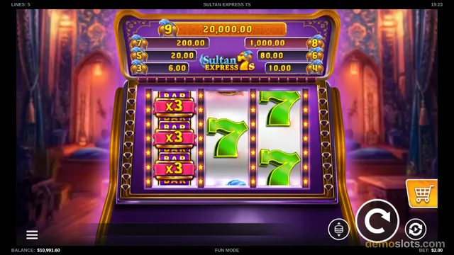 A slot machine screen showing a win of 20,000.00 in the Sultan Express 7S game.