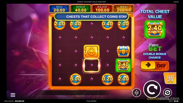 Chest Chaser Hold and Win bonus grid displaying purple diamond symbols and a golden chest with value 2.40.