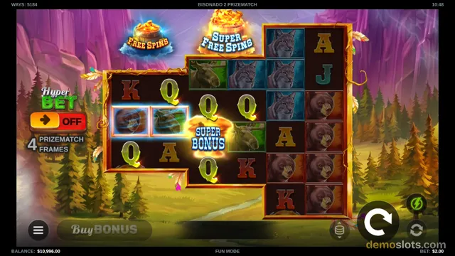 The game Bisonado 2 Prizematch displays a slot grid with a Super Bonus symbol in the center and various animal icons on the reels.