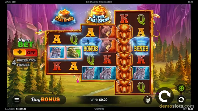 A screenshot of the slot game Bisonado 2 Prizematch, showing an irregular 5x5 grid with symbols like a bison, wolf, bear, and letters, along with a win of $0.20 and a balance of $10,990.80.
