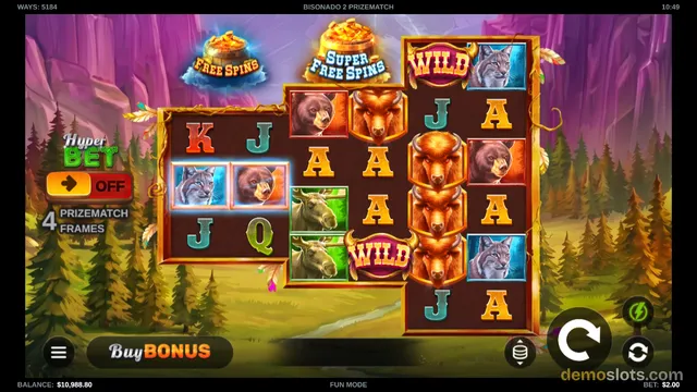 A slot game titled BISONADO 2 PRIZEMATCH shows a multi-panel reel grid set against a forested canyon backdrop, with a base game spin in progress.