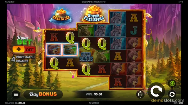 Bisonado 2 Prizematch slot game shows an irregular 5-reel grid with animal symbols, a win of $0.60, and a balance of $10,996.60.