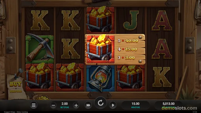 A slot game grid featuring mining-themed symbols with a wooden panel overlay displaying a win breakdown.