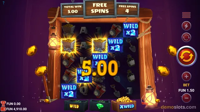 A mining-themed slot game shows a 5x3 grid with glowing symbols and a large 5.00 win overlay during a free spins round.