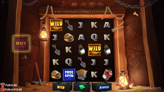 A 5x4 mining-themed slot game grid is fully rendered with symbols including WILD, FREE SPIN, and various mining items, set against a wooden mine frame.