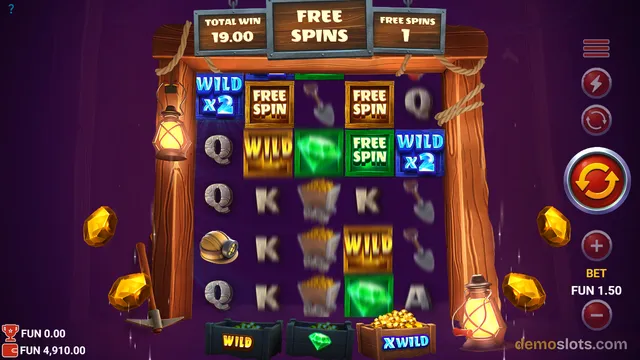 A mining-themed slot game in free spins mode shows a 5x5 grid of symbols with a wooden frame, lanterns, and gold nuggets around it.