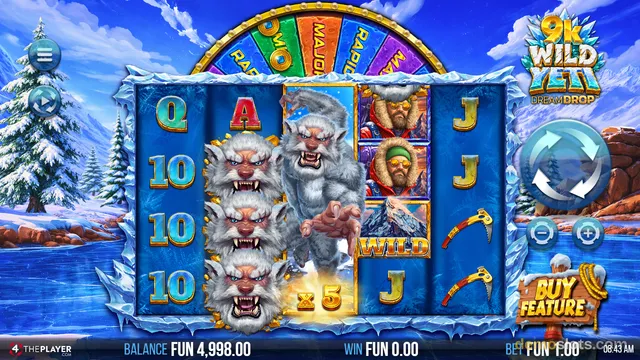 A snowy slot game grid with a large white yeti symbol and several smaller yeti symbols, set against an icy mountain landscape.