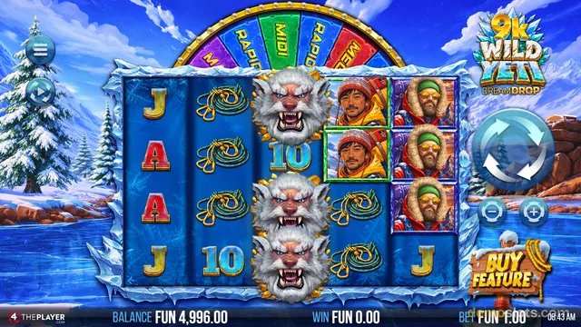 Screenshot of the slot game 9K Wild Yeti Dream Drop showing a 6-reel, 4-row grid with various symbols and a top wheel feature, with game controls and a Buy Feature button visible.