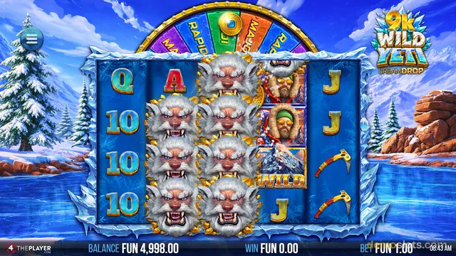 A 5-reel slot game titled 9K Wild Yeti Dream Drop shows a grid of symbols including fierce white yetis, playing card letters, and a climber, with an ice-themed background and a Dream Drop bonus wheel at the top.