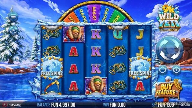 A 5x4 slot game grid with a snowy arctic theme, showing a base game state with reels displaying symbols like an ice-covered free spins icon, a bearded explorer, ropes, and card letters.