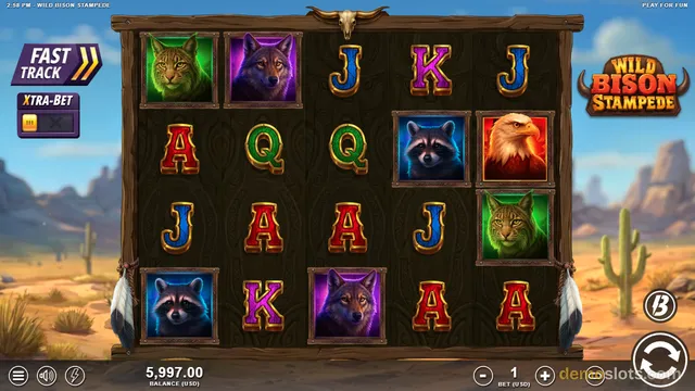 A 5x4 slot game grid with animal and letter symbols, set against a desert background.
