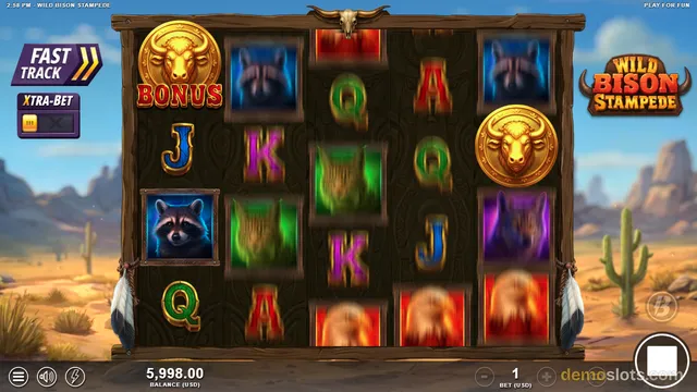 A 5x4 slot game grid titled Wild Bison Stampede is fully rendered with symbols including a gold bison bonus, playing card letters, and animal icons, set against a desert background.