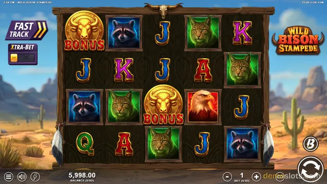 A 5x4 slot game grid titled Wild Bison Stampede is displayed with symbols including a golden bison bonus, raccoon, wildcat, eagle, and playing card letters.