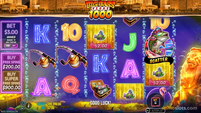 A fully rendered screenshot of the Big Bass Vegas 1000 slot game showing a 5x3 reel grid with various symbols and a Vegas background.